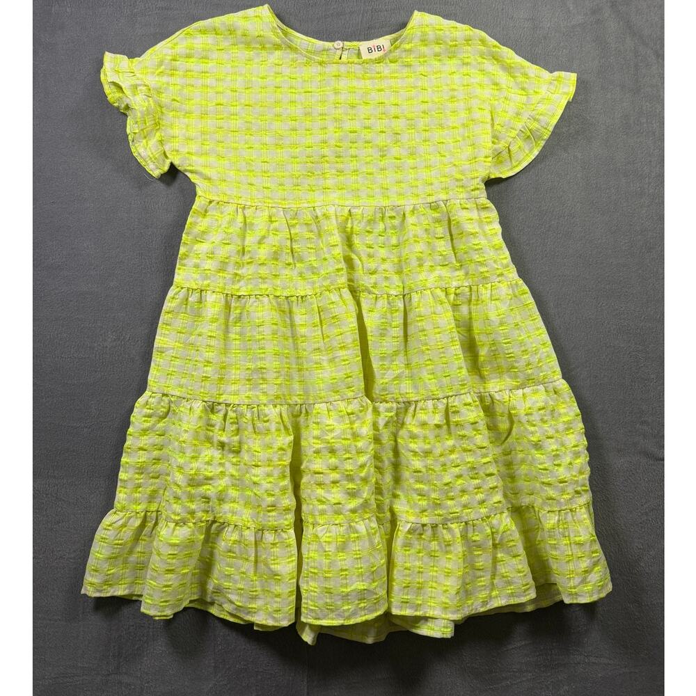 BiBi Lime Yellow Green Gingham Tiered Babydoll Dress Short Sleeve‎ Women's Small